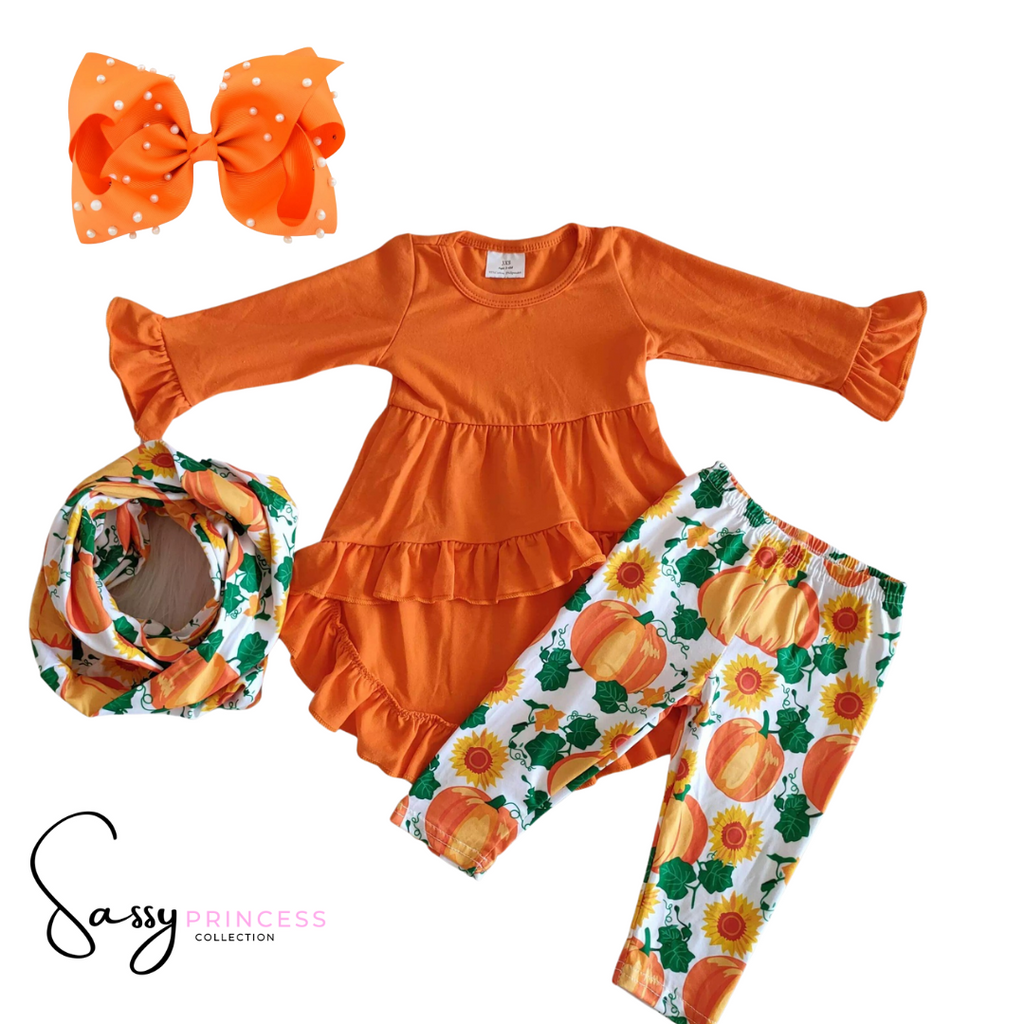 Pumpkin and Sunflower Pants Set with Scarf - Sassy Princess Collection